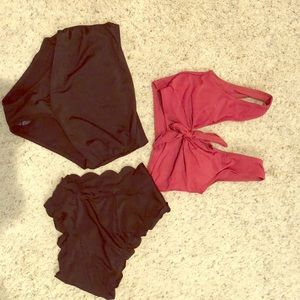 Bikini top and black swimsuit bottoms